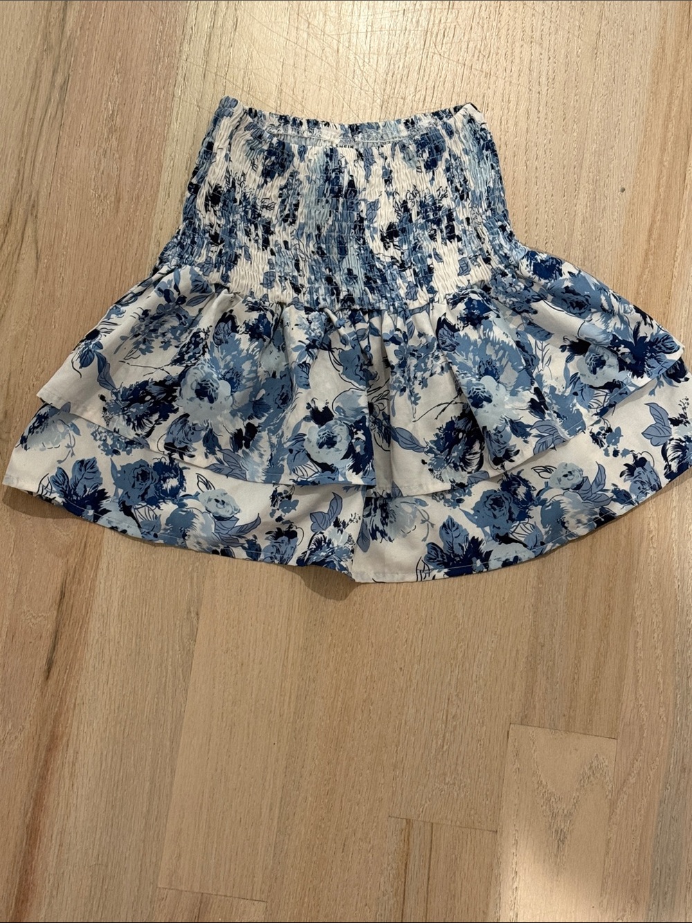 SHEIN Blue and White Floral Smocked Ruffle Skirt